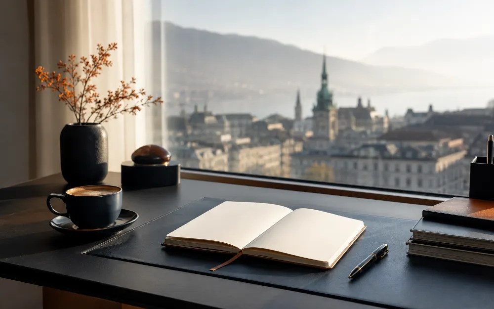 Offenes Notizbuch auf einem Schreibtisch mit Blick über die Stadt am Morgen