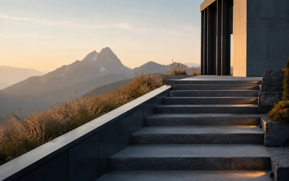 Treppe führt aufwärts zu moderner Architektur vor Bergpanorama