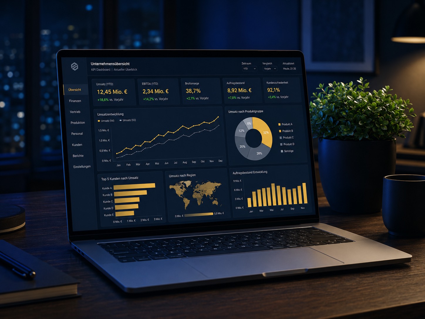 Laptop mit KPI-Dashboard zur Unternehmensübersicht bei Nacht