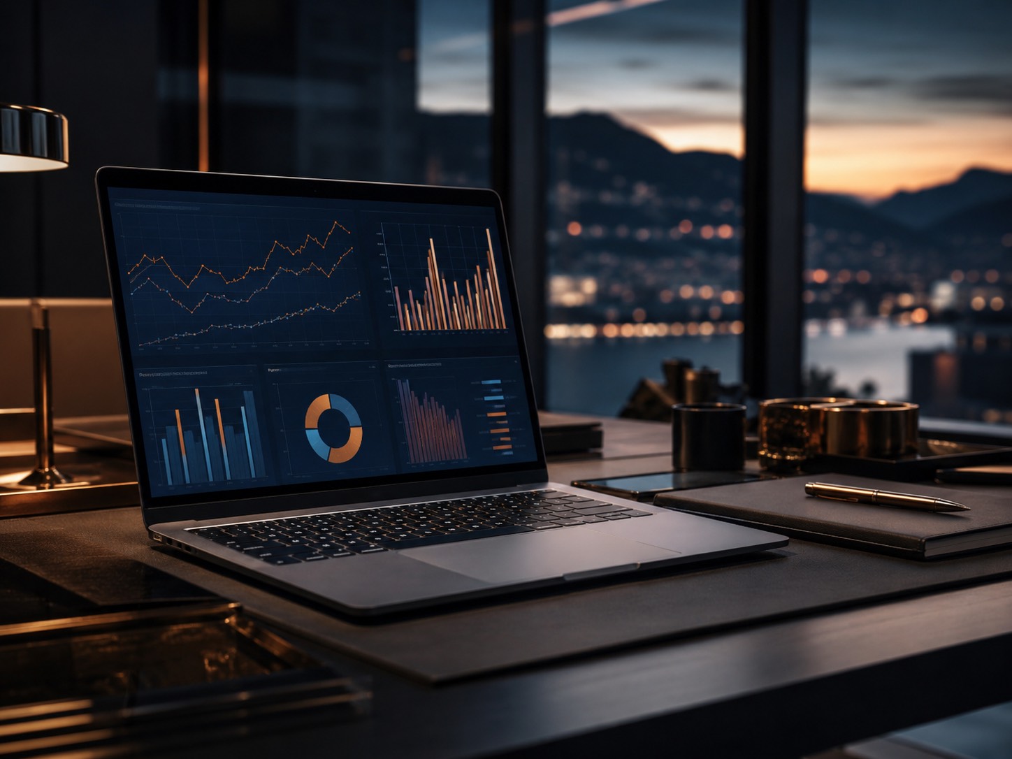 Laptop mit Finanz-Charts vor abendlicher See- und Bergkulisse