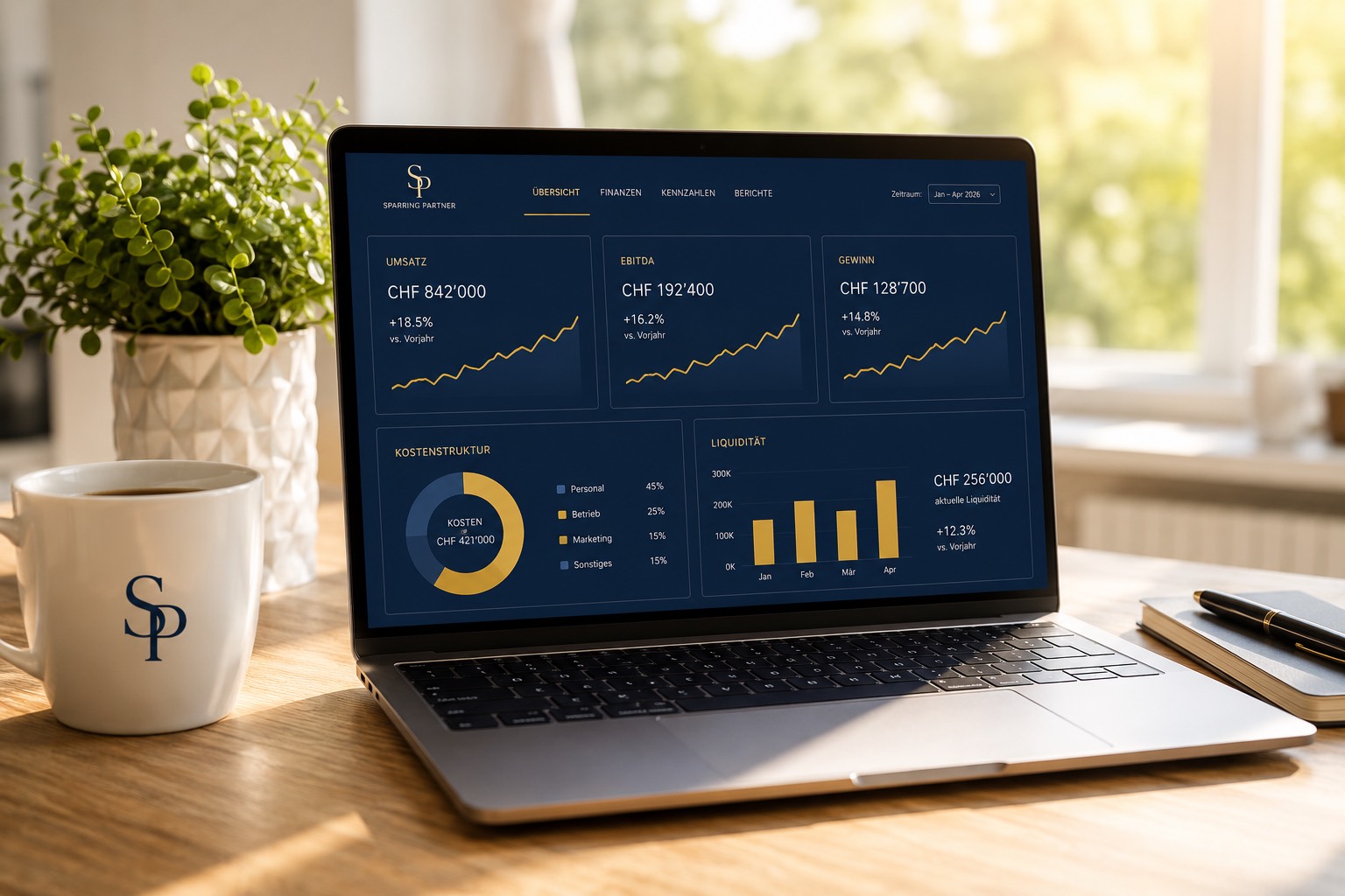 Laptop mit Dashboard, Kaffee und Tageslicht