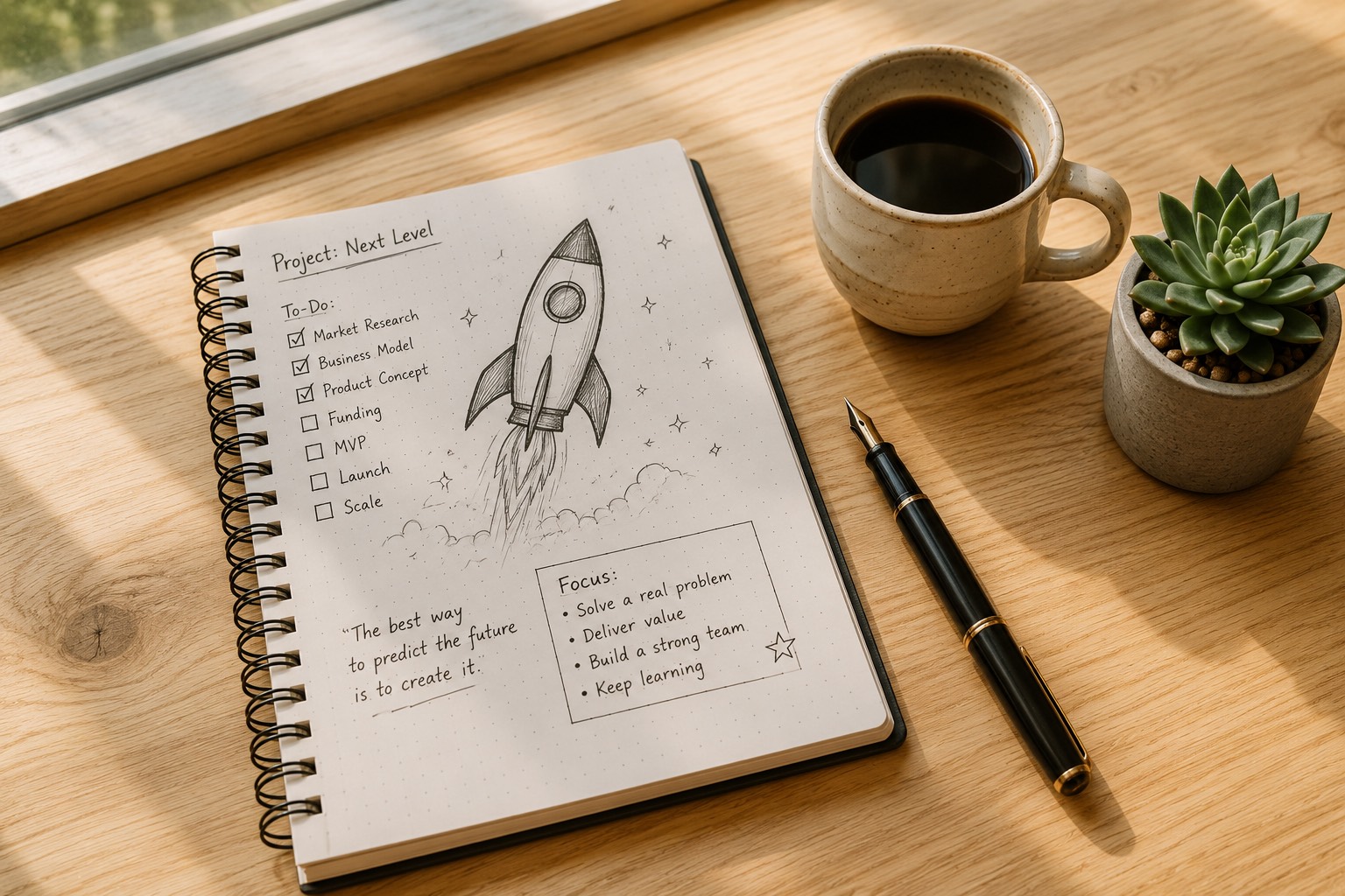 Notizbuch mit Raketen-Skizze, Kaffee und Pflanze