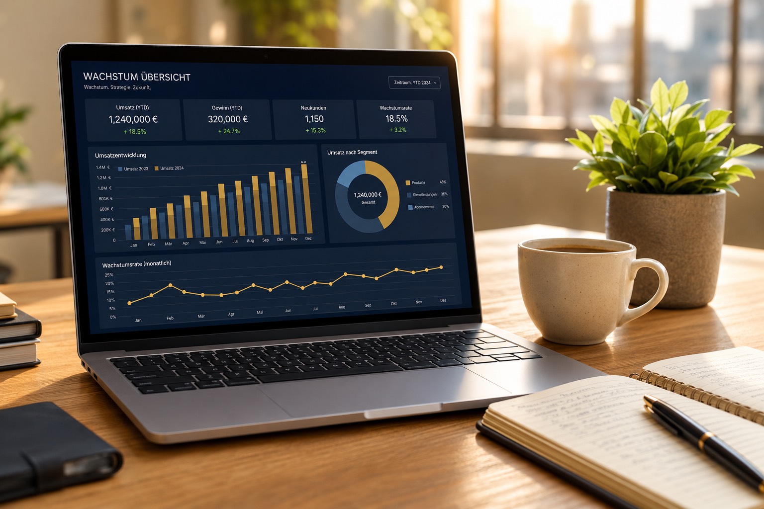 Laptop mit Wachstums-Dashboard, Kaffee und Pflanze